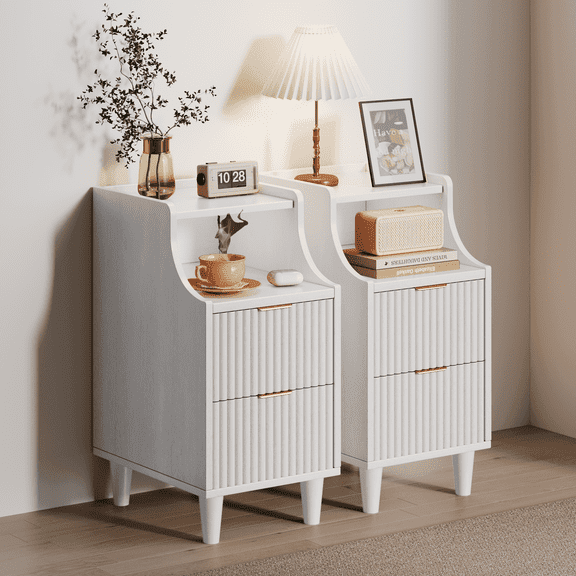 UGTOO 2PCS White Modern Nightstand – Slim Bedside Storage with 2-Drawers, Easy Assembly (11.81"L x 15.75"W)