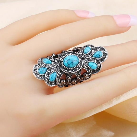 Soumake Vintage Inlaid Turquoise Rhinestone Finger Ring Hollow Party Symmetric Jewelry Fashion