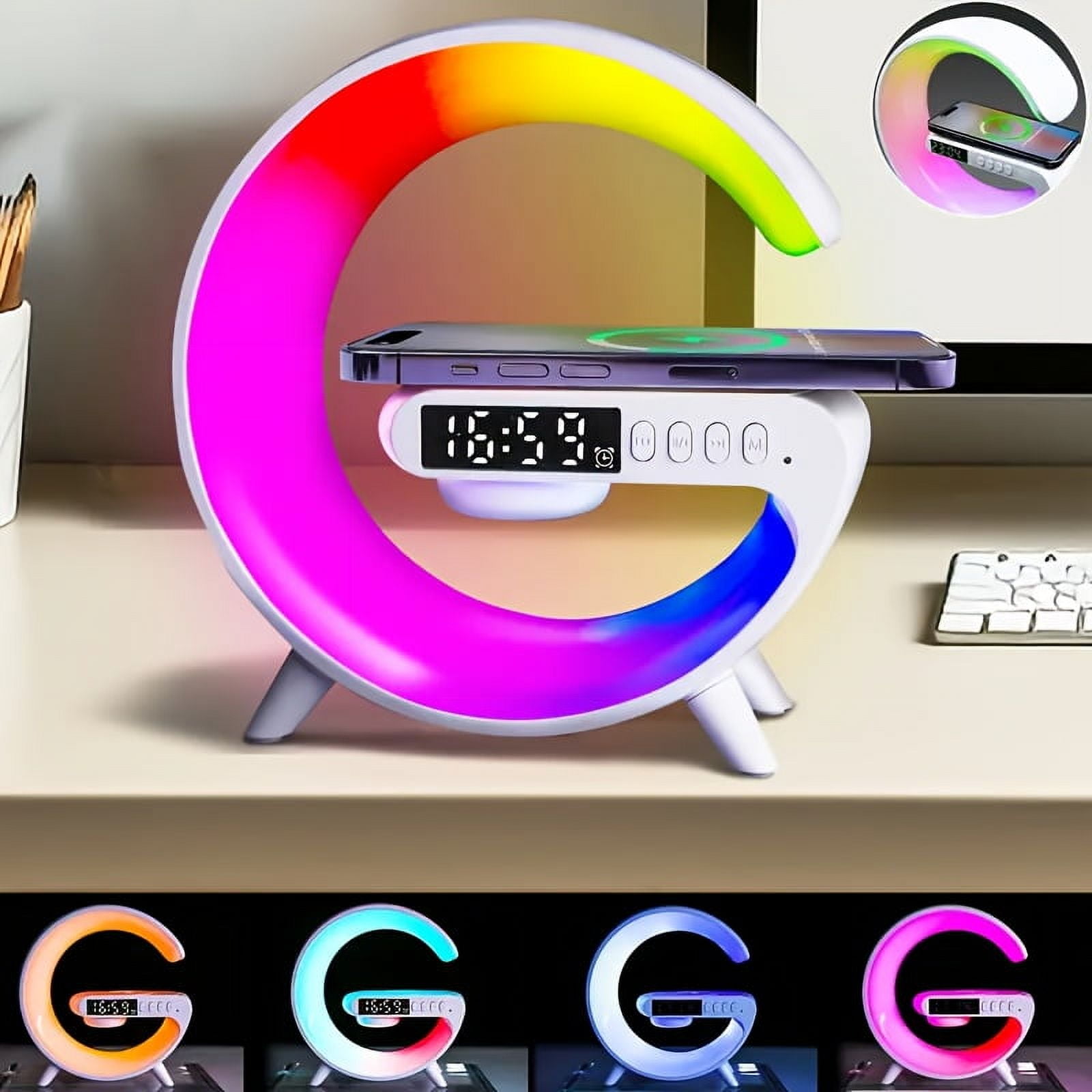 Multi-Function Wireless Charger Stand with Speaker, Alarm Clock, RGB Night Light for iPhone Samsung - Fast Charging Station, Halloween Christmas Gifts