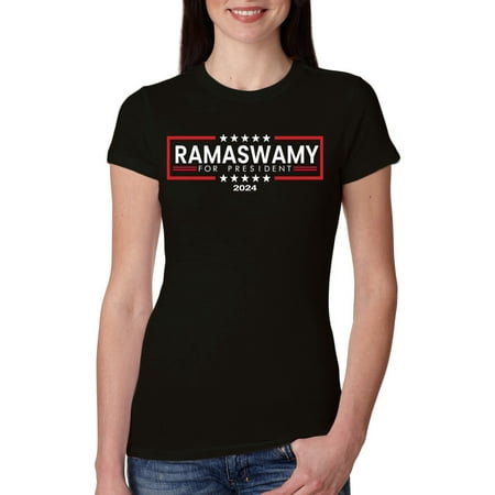 Wild Bobby Ramaswamy For President 2024 Stars Red and White Political Women Slim Fit Junior Tee  Black  XX-Large