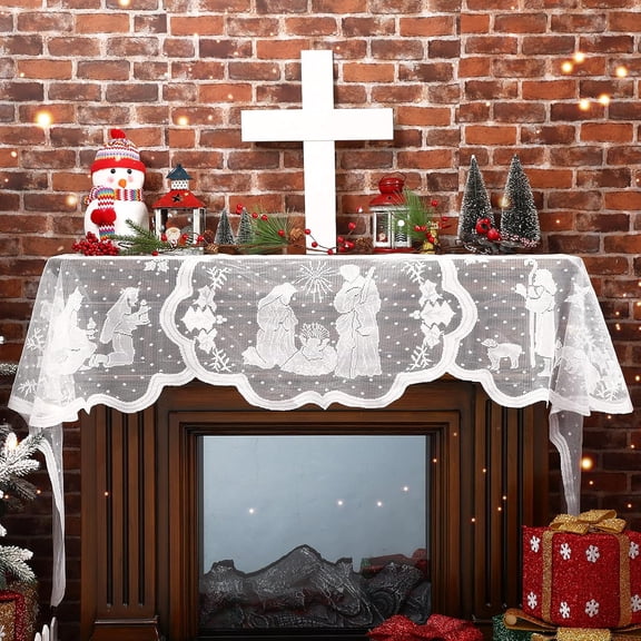 Christmas Fireplace Scarf White Lace Jesus Garland Decoration Christmas White Lace Jesus Garland Scarf Fireplace Cloth Indoor Christmas Decorations for Home Living Room, 20 x 90 Inches