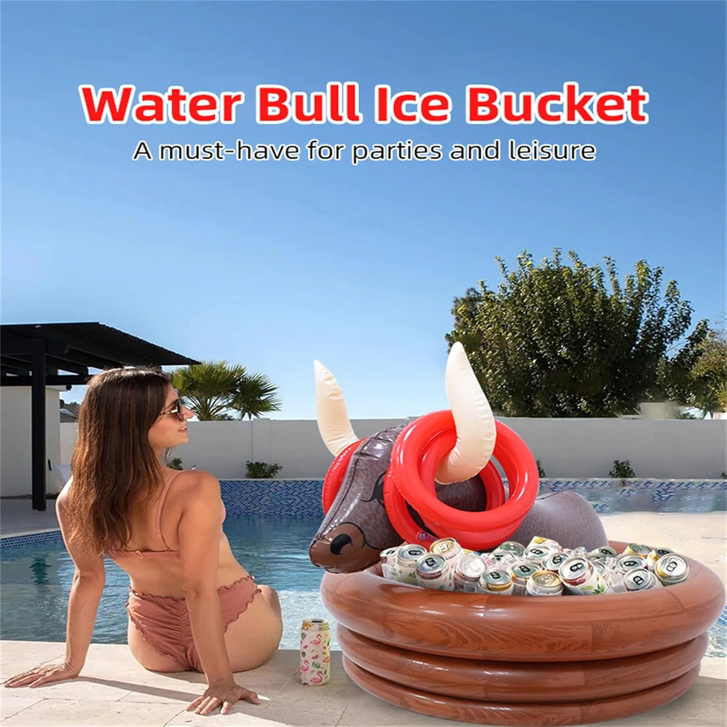 Bull Ice Bucket with Rings Toss,Inflatable Pool Party Cooler,Inflatable Serving Bar Salad Ice Tray Food Drink Containers for Indoor Outdoor BBQ Picnic Pool Party Supplies Luau Cooler