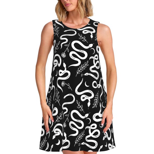 Balery Hand Drawn Snake Vestidos de verano para mujer con estampado: vestido holgado sin mangas, vestido playero informal y cómodo para días calurosos.