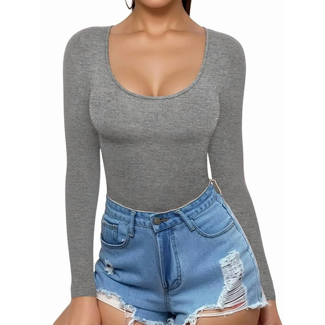T-shirt Tunique Ajusté à Manches Longues à Encolure Dégagée pour Femmes, Gris Chanvre Foncé, TG