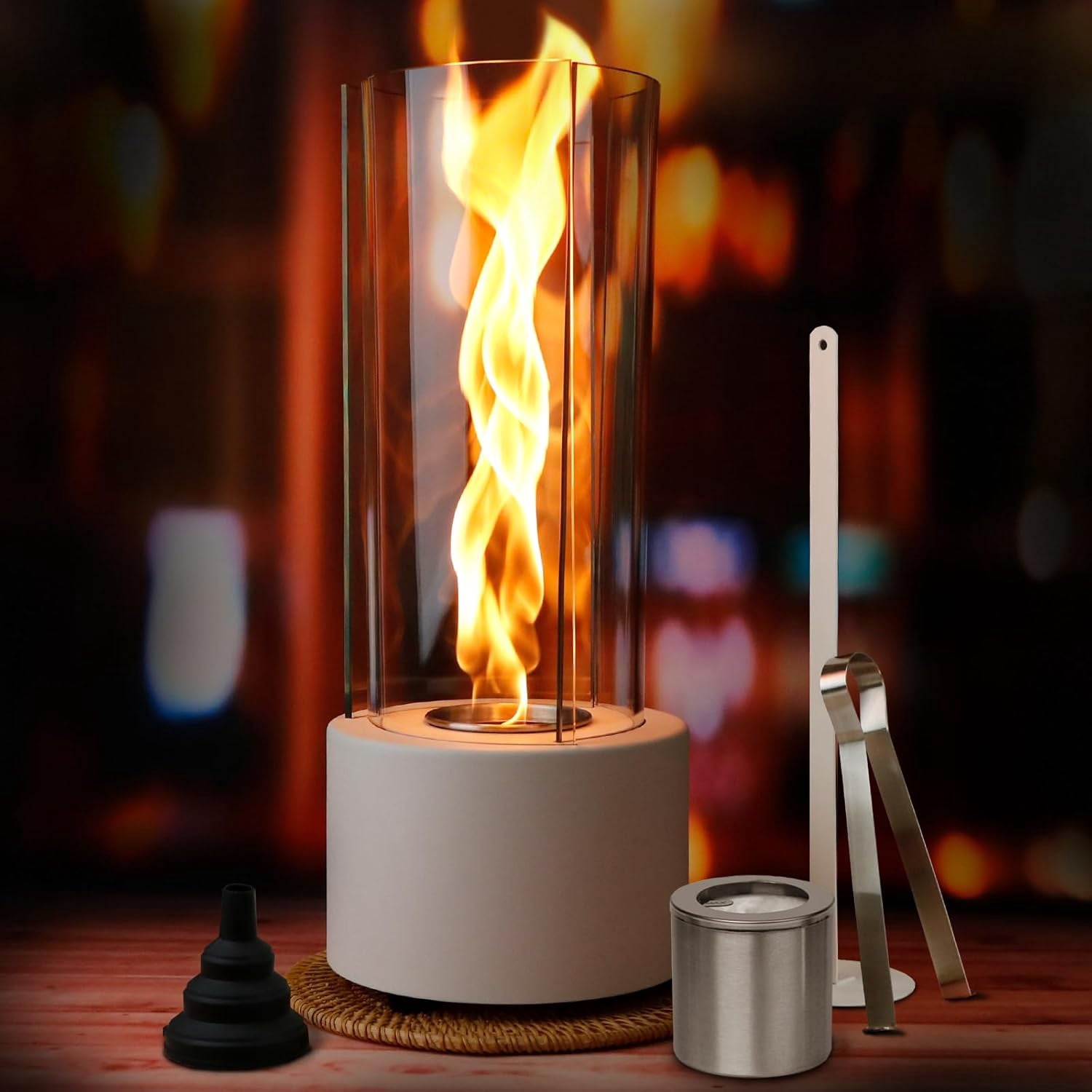 Tabletop Fire Pit - Indoor Fire Pit for Home Decor, Indoor Fire Pit Tabletop with 2 Replaceable Burning Chamber, Portable Fire Pit Balcony Decorations for Apartment - White 15.7"