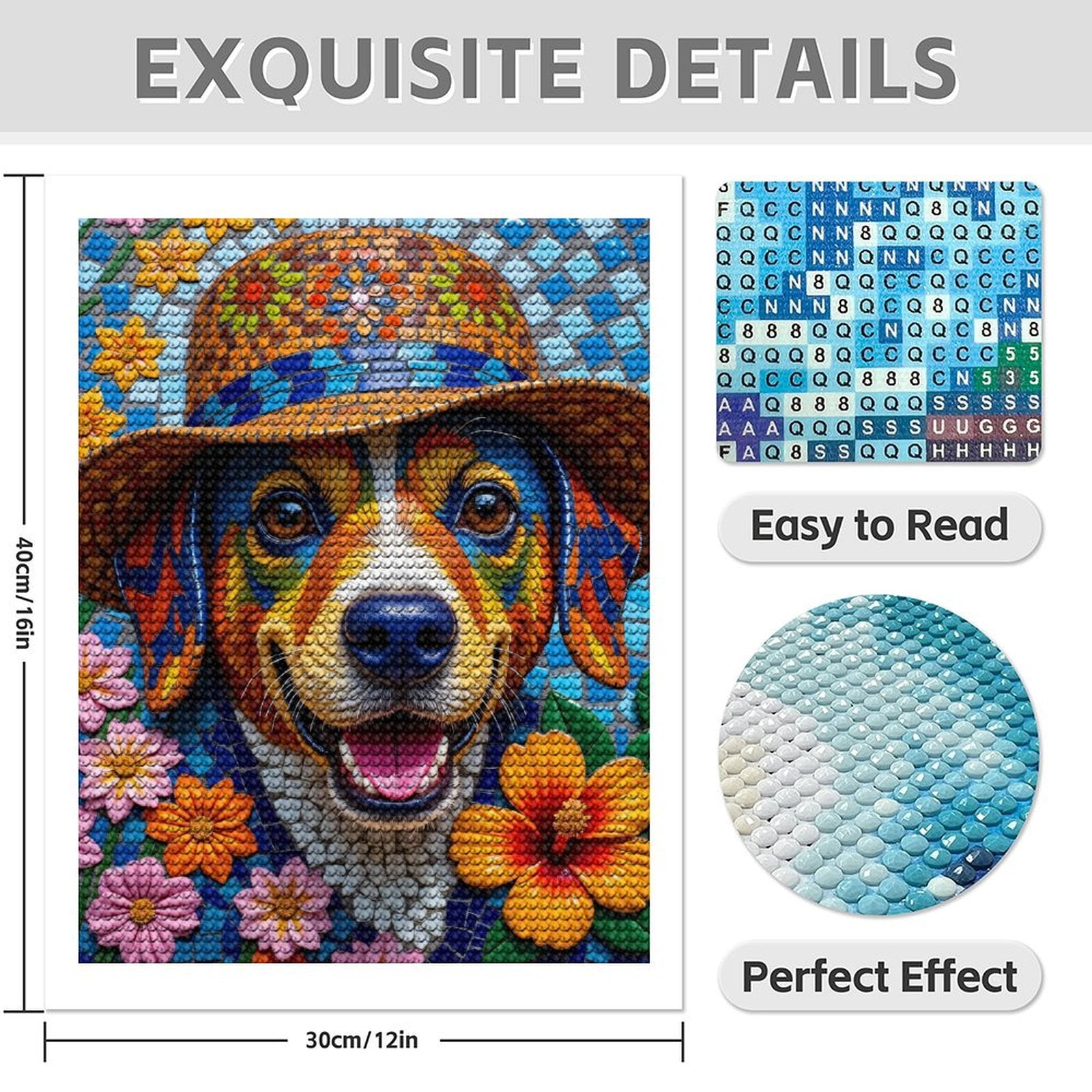 Diamond Art Kit for Adults, Colorful Mosaic Dog With Flowers Diamond Painting for Adults Beginners, 5D DIY Diamond Art Painting Kits, Colorful Diamond Painting Craft for Home Decor 12x16