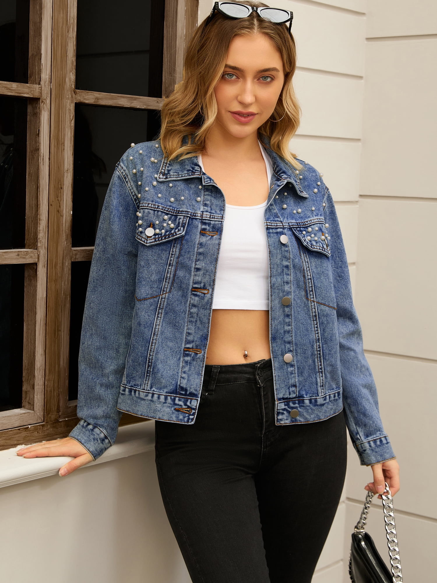 Unique Bargains Women's Jean Jacket Long Sleeve Button Up Denim Jackets M Blue