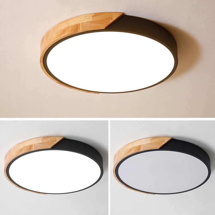 modern minimalist led drum shaped wood & metal & acrylic flush mount ceiling light