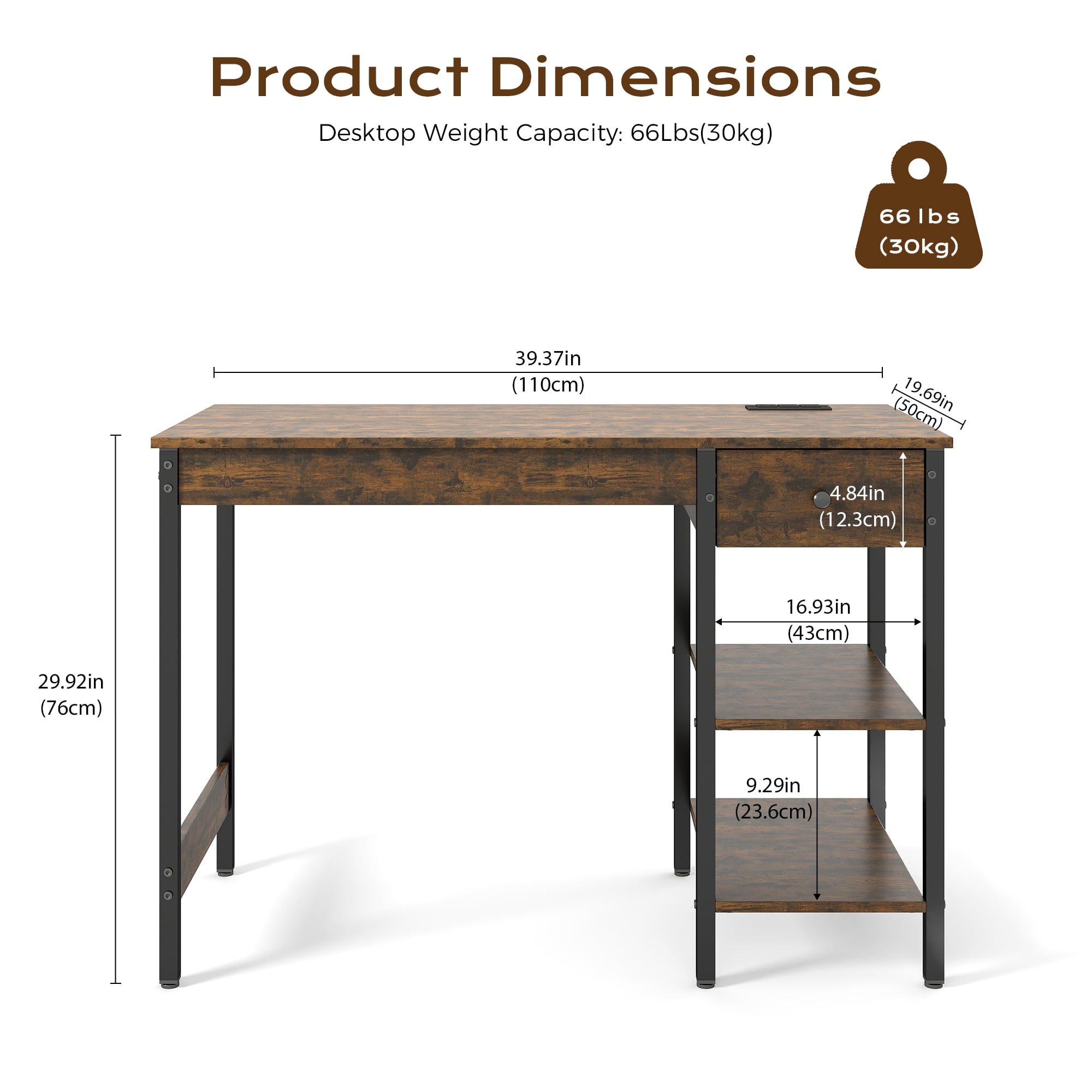 Manxile Computer Desk with Drawer & Open Shelves, Home Office Writing Desk Work Study Table for Small Space, Rustic Brown