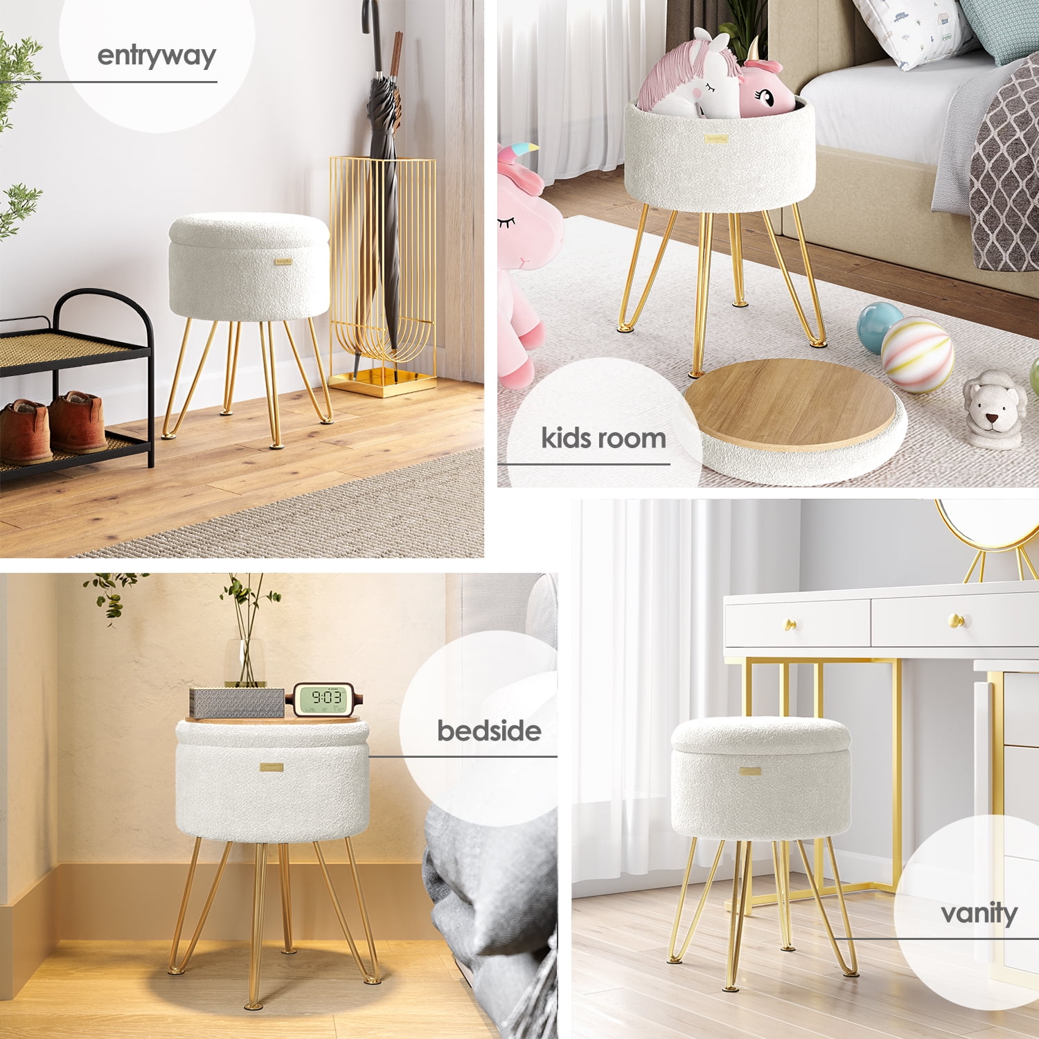 LammaLoe Small Round Ottoman with Storage, Boucle Ottoman Foot Stool with Lid, Upholstered Vanity Stool for Living Room & Bedroom, White