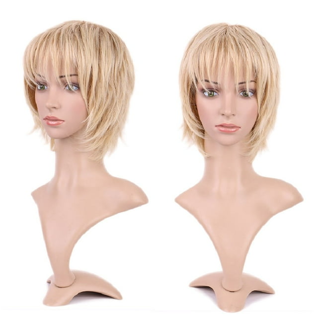 MesaSe Perruque Synthétique Longue Bouclée avec Frange Cheveux Courts Perruques Résistantes à la Chaleur Perruque Complète pour Femmes Blond Mèches