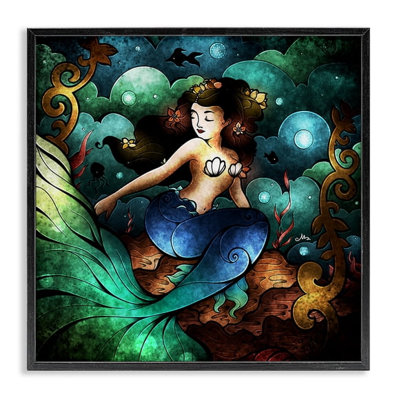 Stupell Industries Vivid Deco Mermaid Fantasy & Sci-Fi Painting Black Framed Art Print Wall Art, 12 x 12