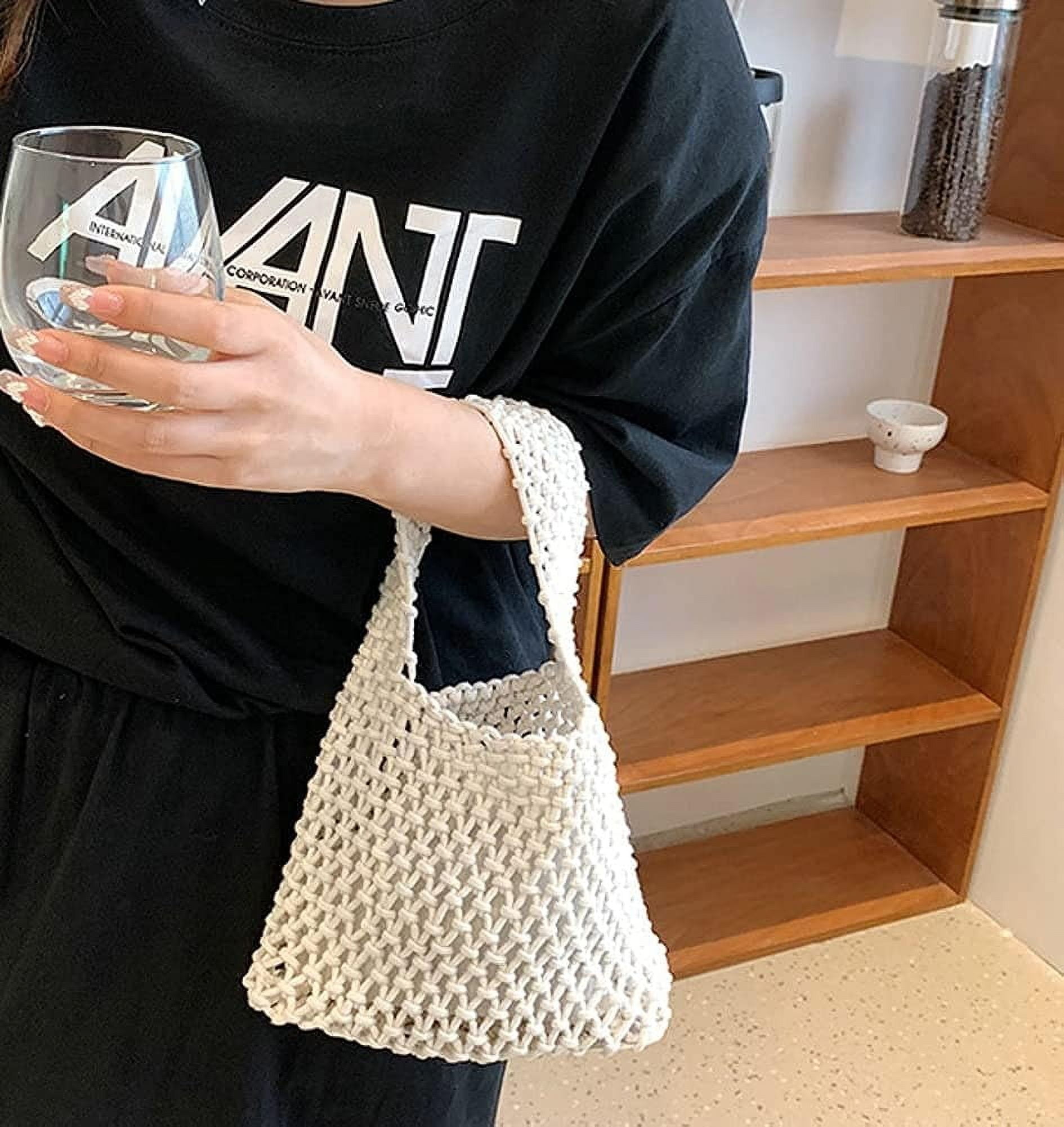 Kukuzhu Women Small Crochet Tote Handbag Cotton Top Handle Bag Summer Mesh Beach Bag Drawstring Fishing Net Bag Clutch Handbag