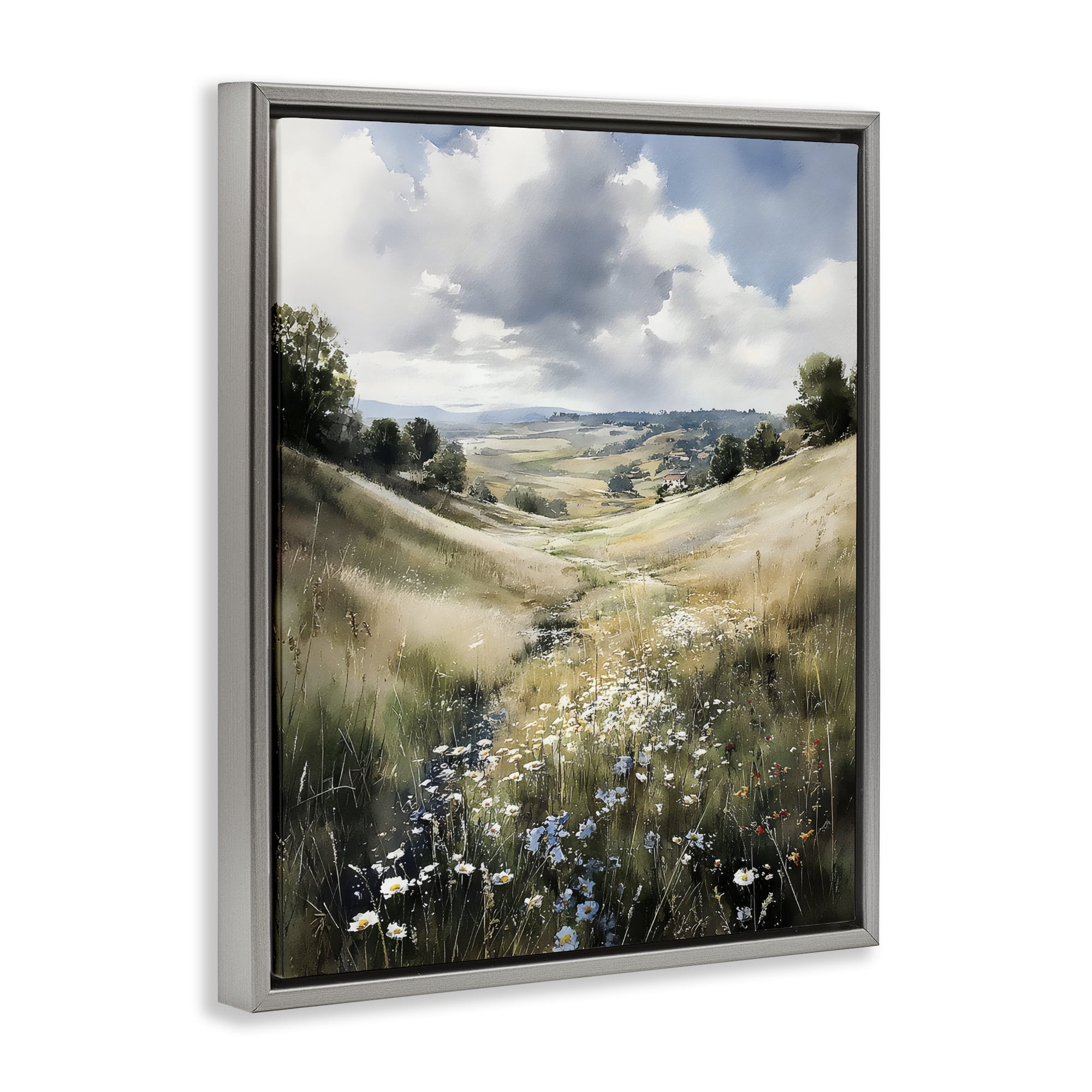 Stupell Industries Floral Valley of Wild Daisies Gray Framed Floater Canvas Wall Art, design by Franklyn Gregory