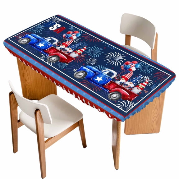 Red Blue 4th of July Table Cloths for 5 Foot Rectangle Tables, Independence Day Stars Gnomes Patio Waterproof Elastic Fitted Tablecloths, Washable Rectangular Table Cover for Camping
