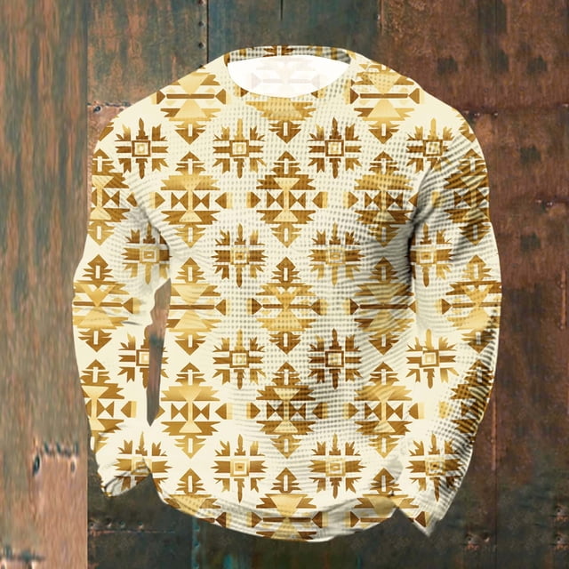 Ceisia Men's All-Season Casual Regular Fit Crew Neck Sweatshirt Gold Foil Navajo Geometric Totem Print Waffle Knit Stretch Fabric Multicolor L Gifts
