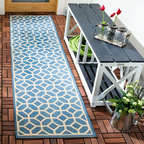 SAFAVIEH Beach House Kadri Geometric Indoor/Outdoor Runner Rug, Blue/Creme, 2'2" x 8'