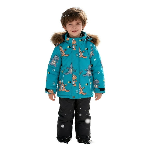 KAUOD Kids Cute Dinosaur Ski Suits 2 Piece Winter Puffer Jackets Bib Pants Set Boys Girls Outdoor Hiking Snowpants Snowsuit