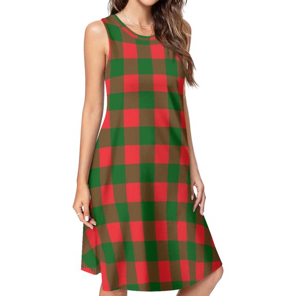Christmas Red and Green Plaid Spring Summer Dresses for Women Fashion T-shirt Dress Casual Sleeveless Loose Sundress with Pockets