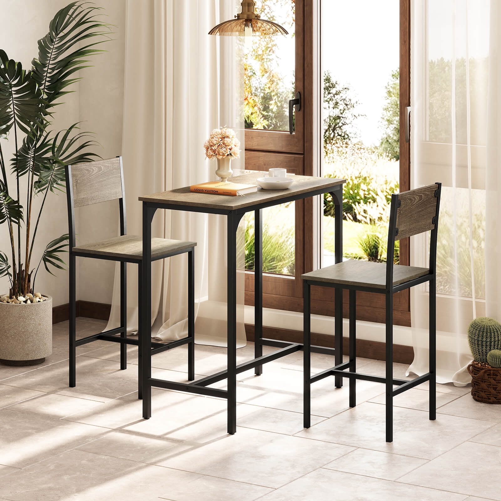 Costway 3 PCS Bar Table & Chair Set Kitchen Table with 2 Bar Stools for Small Space