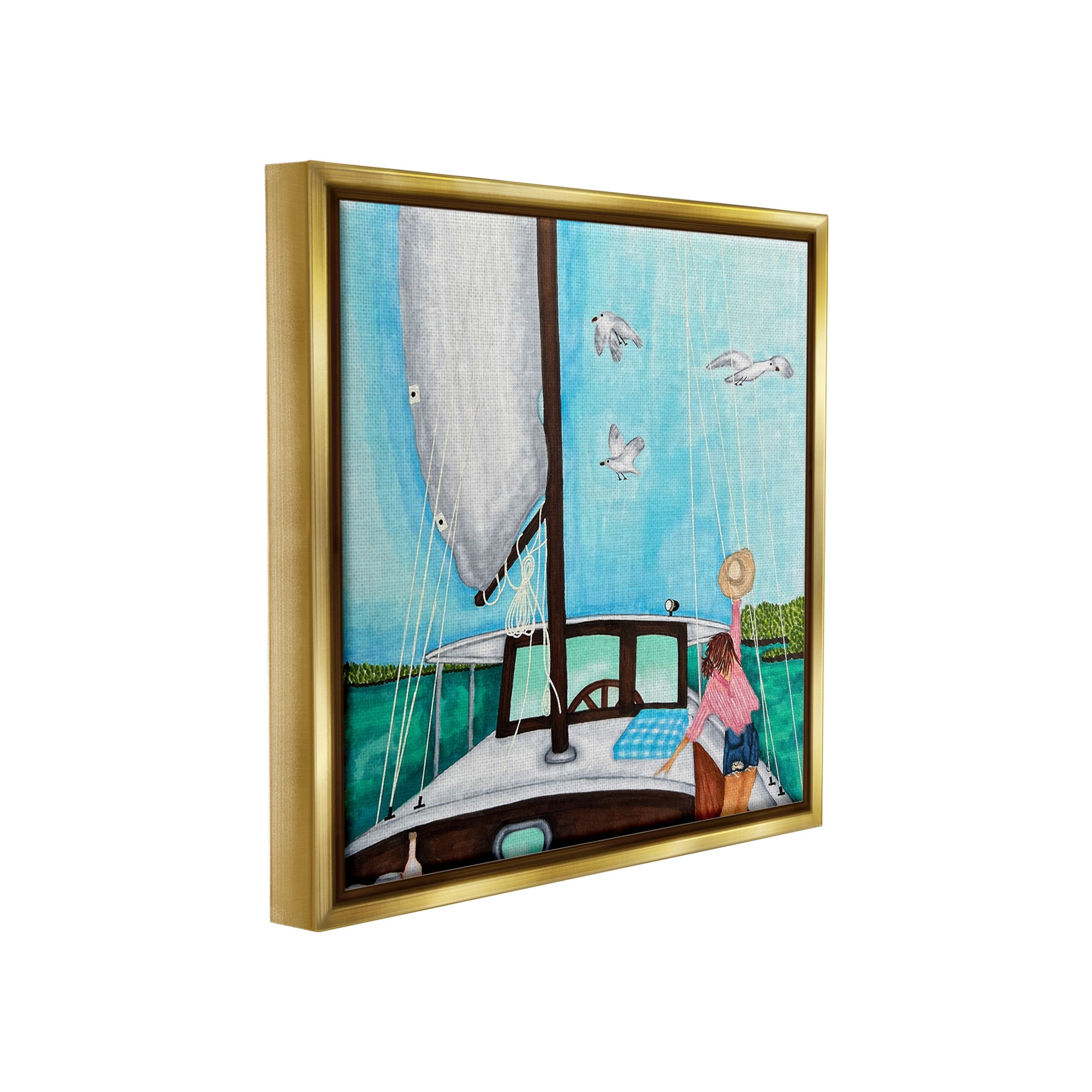 Stupell Industries Girl on Boat Scene Transportation Painting Gold Floater Framed Canvas Art Print Wall Art, 18 x 18