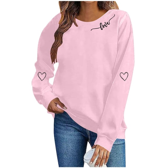 SELONE Womens Sweatshirts Valentine Heart Print Long Sleeve Shirt Crewneck Pullover Loose Outerwear Pink S