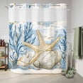 thumbnail image 6 of No Hook Shower Curtain with Built-in Rings - Blue Coastal Ocean Beach Themedl Washable Waterproof Fabric Bathroom Curtains for Hotel,Rentals, 72 X 78 Inch Long , Starfish Shell Coral, 6 of 9