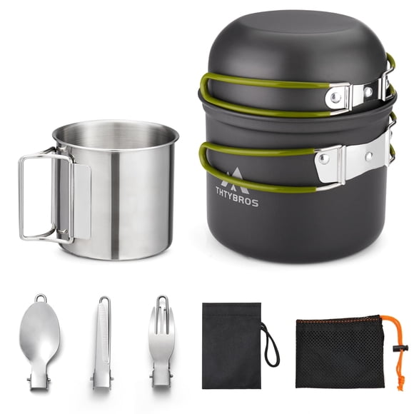 Kit de utensilios de cocina para camping, juego de ollas de 0,33 galones y sartenes de 0,17 galones, taza SUS304 de 0,08 galones, tenedores, cuchillos, cucharas para senderismo, camping, cocina al air