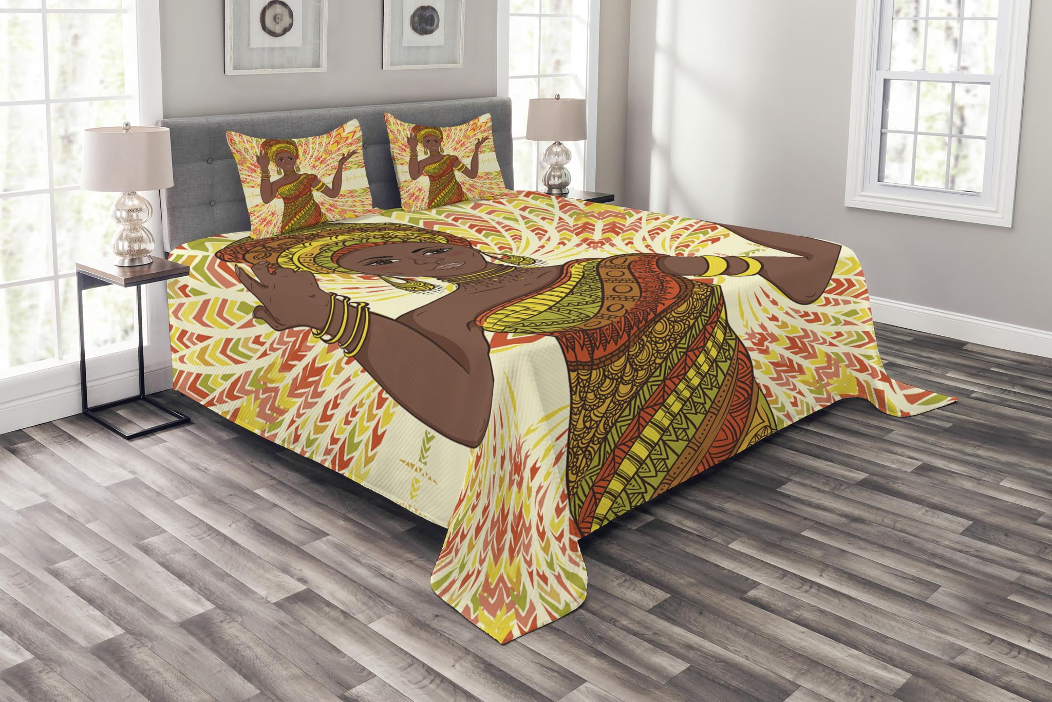 African Woman Bedspread Set Queen Size, Dancing Woman Hand Drawing