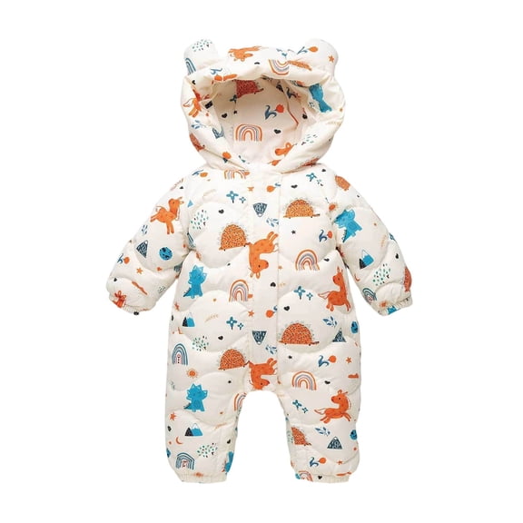 QSXADF Toddler Boy Girl Snowsuit Winter Thick Warm Romper Classic Graphic Quilted Hooded Long Sleeve Relaxed Warm Outdoor Romper Little Kid's Jumpsuits
