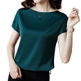 thumbnail image 2 of Women Office Lady Tops Summer Short Sleeve O-Neck Satin Blouse Shirts Basic Lady, 2 of 11