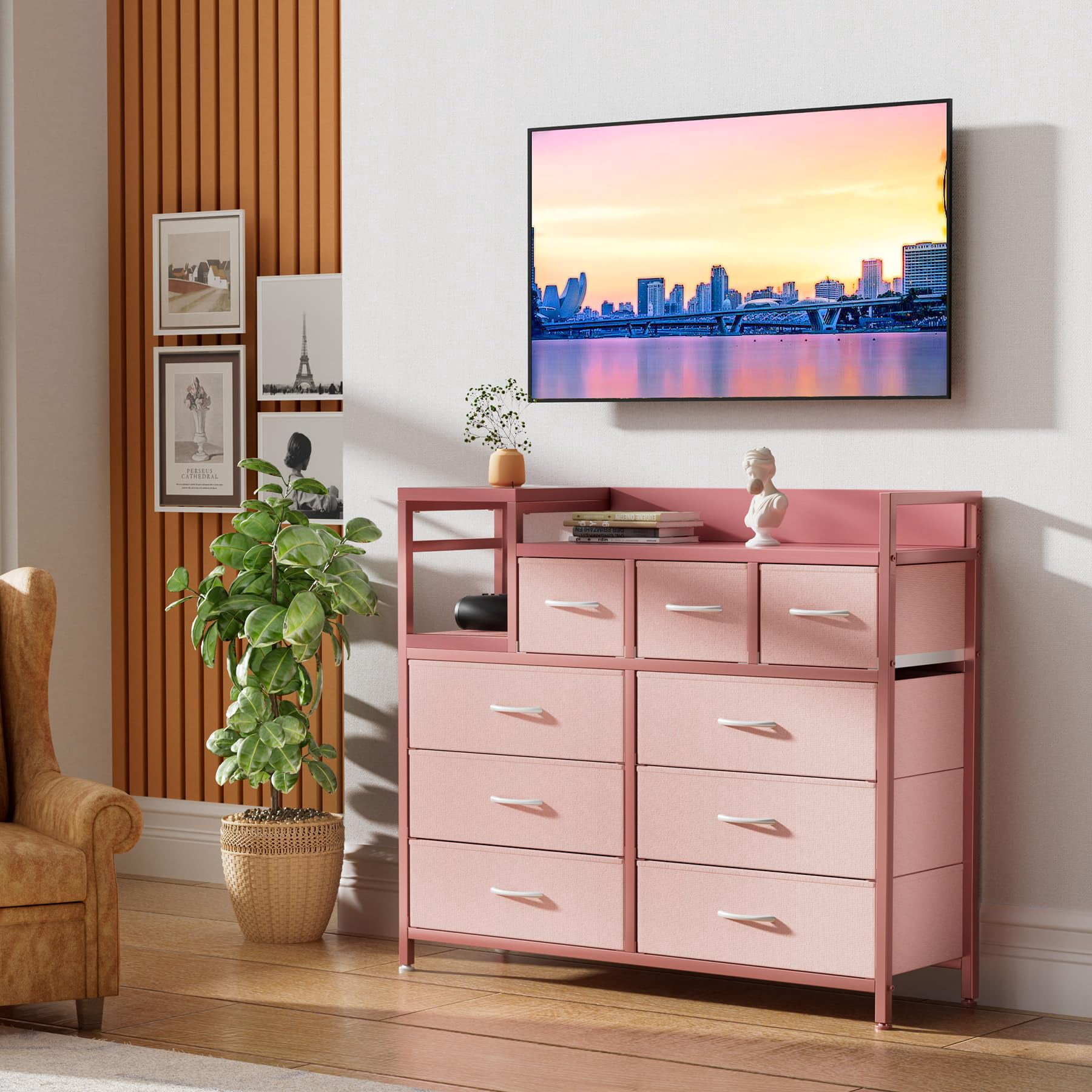 Dresser TV Stand with Power Outlet, Bedroom Dresser with 9 Drawers, Chest of Drawers for Living Room, Hallway(Rustic Brown)