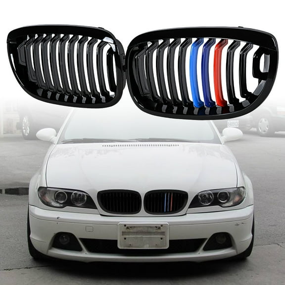 Astra Depot Glossy Black M-Color Front Kidney Grille Grill for 2003-2006 BMW E46 325Ci 330Ci Coupe Convertible LCI (1 Pair)