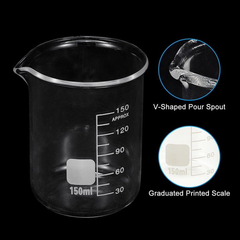 150ml Glass Beaker, 2 Pack Measuring Glass Beaker Graduated Borosilicate Lab Cups Mug Low Form Heat Safe Transparent with Spout Label for Laboratory