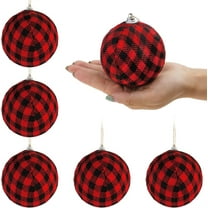 Set of 6 Black and Red Xmas Hanging Ornaments,Christmas Ball Decorations,Buffalo Plaid Check Fabric Ball,Party Decorative Pendant,for Christmas Tree Garland Home Decor