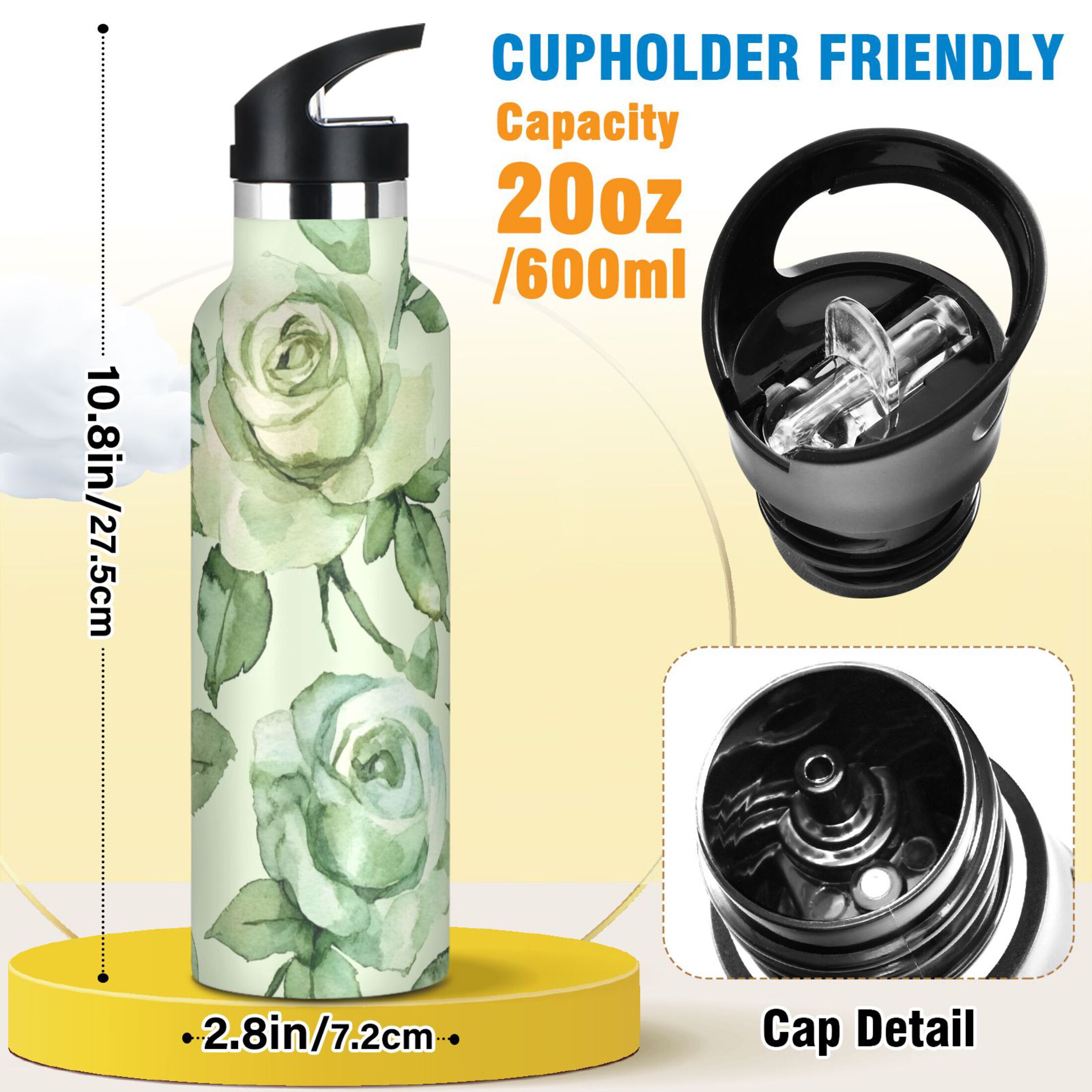 600ML Stainless Steel Insulated Cup Sports Water Bottle Portable Thermos Cup Water Glasses Insulated Tumblers Convenient and Durable Green Roses