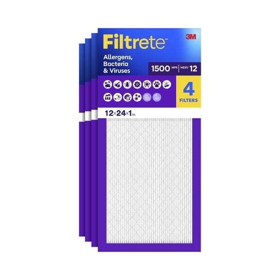 Filtrete 12x24x1 HVAC Furnace Air Filter, MPR 1500 MERV 12, Allergen, Bacteria, Virus, 4 Pack
