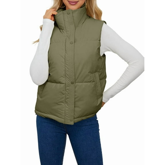Womens Puffer Vest Stand Collar Full Zip Sleeveless Bubble Puffer Vest Quilted Padded Warm Coat Outwear Army Green XL