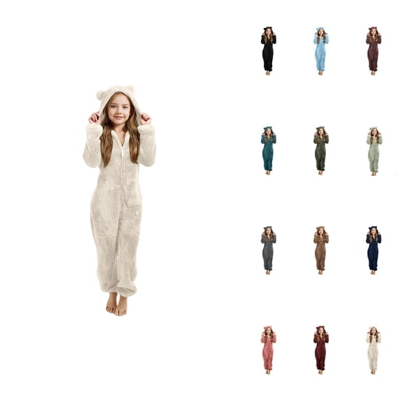 Girls Hooded Romper Jumpsuit with Animal Ears, Soft Warm Winter Pajamas, Play for Toddler Kids