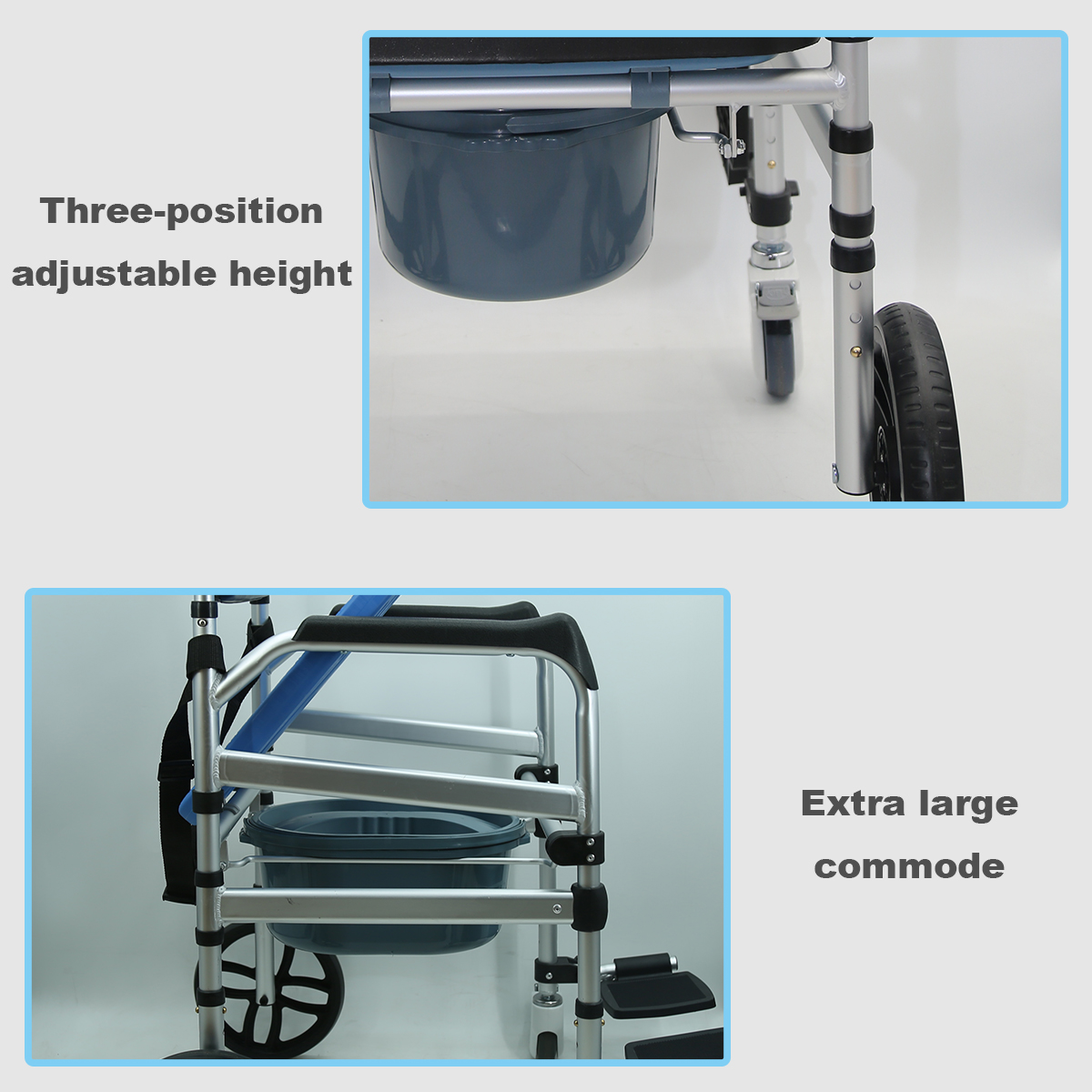 Shower Chair with Wheels, Foldable Height Adjustable Rolling Shower Chair, Sturdy Shower Wheelchair for Seniors with Large Commode, 220lbs Capacity