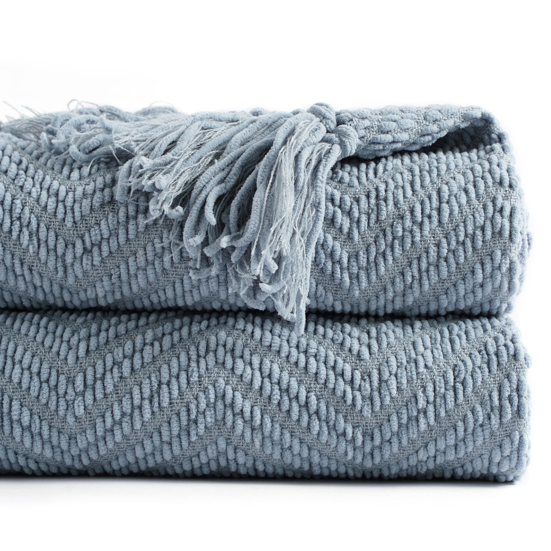 Battilo Bluish Grey Chenille Throw Blanket for Couch,Soft Knit Throws with Tassels for Living Room,50"x60"