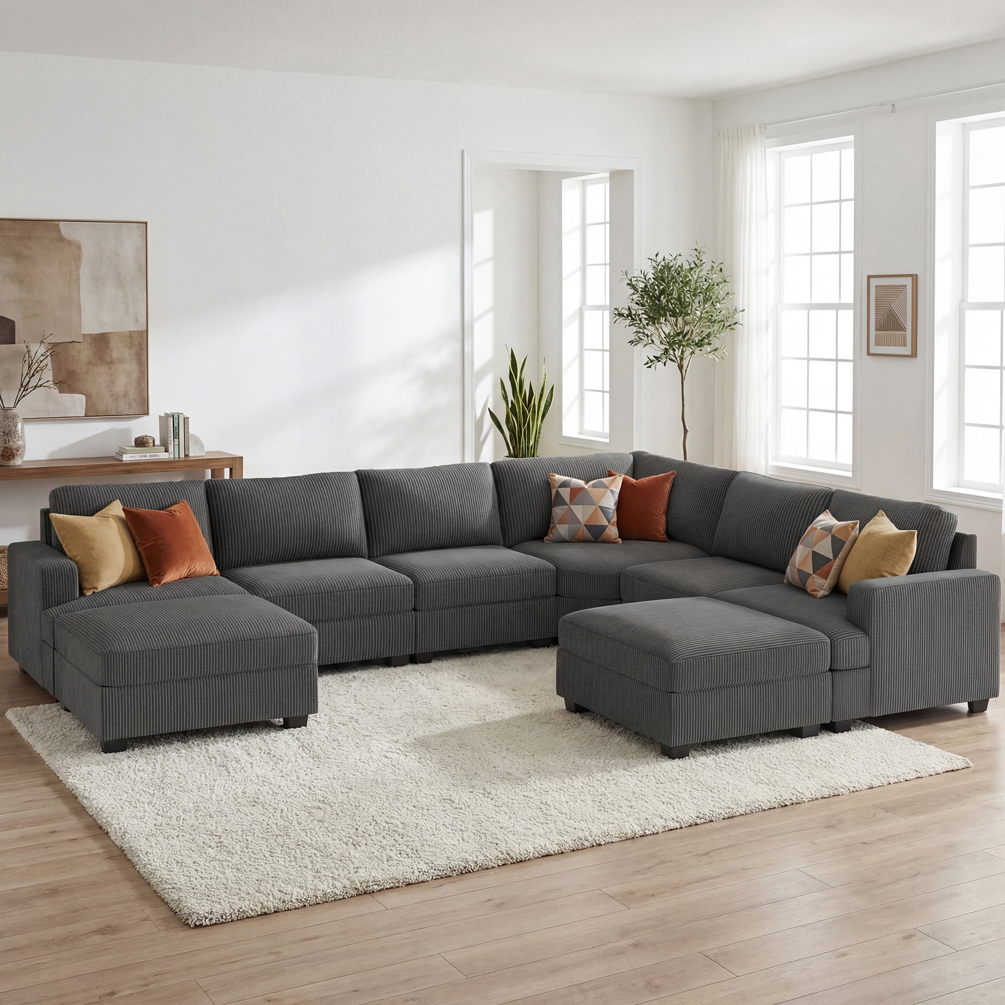 HONBAY 128.1" U Shape Sectional Sleeper Sofa Bed Corduroy Oversized Couch with Storage for Living Room, Dark Gray
