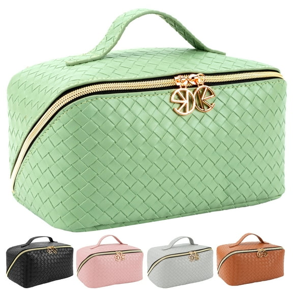 Large Capacity Travel Cosmetic Bag - Makeup Bag, Portable Leather Waterproof Women Travel Makeup Bag Organizer, with Handle and Divider Flat Lay Checkered Cosmetic Bags(Green)