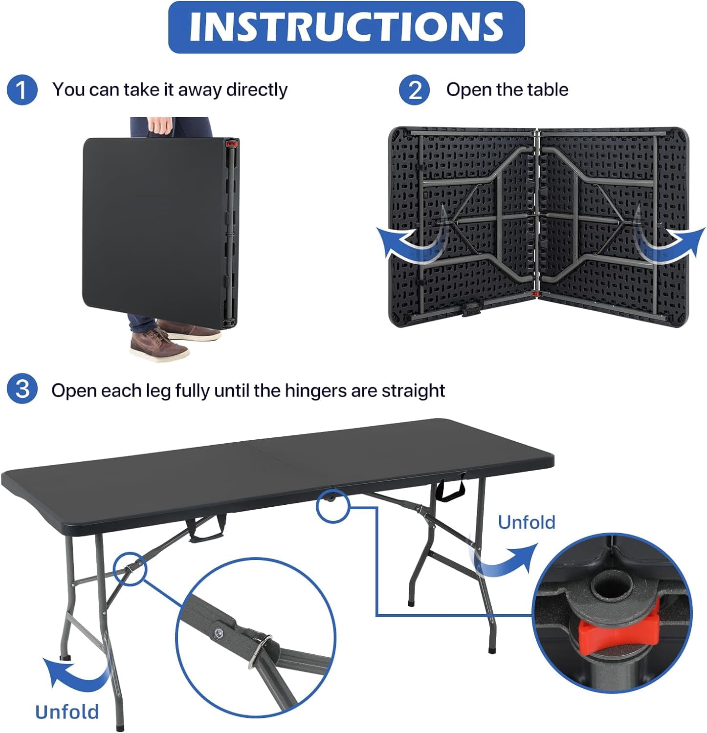 6ft Folding Table Portable Picnic Table, Lightweigh Folding Plastic Table with Handle and Steel Legs Utility Table Dining Lock for Work,Picnic,Party,Camping,Black
