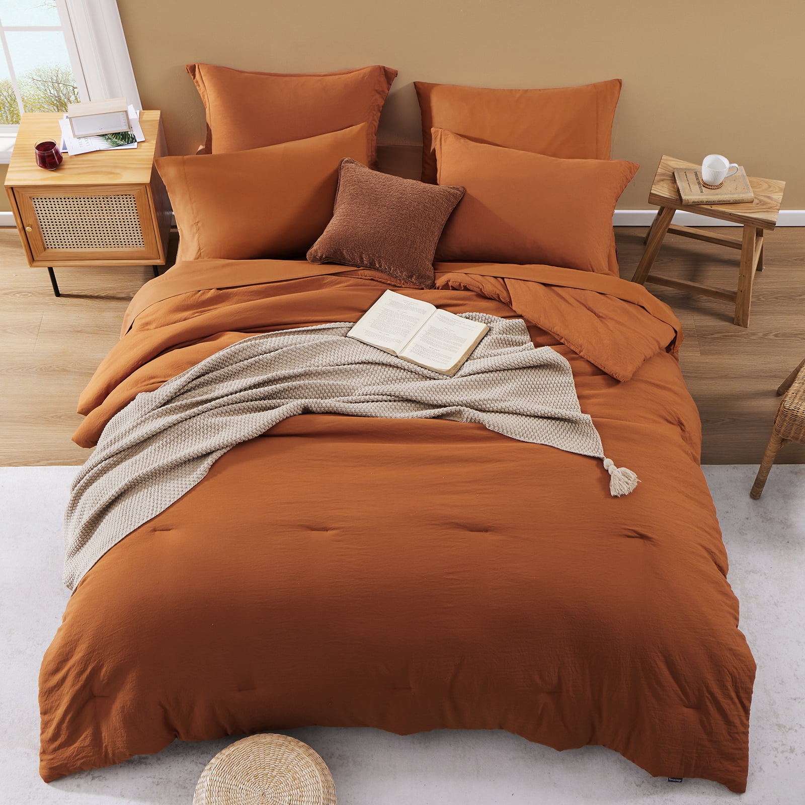 Amberspace Prewashed fabric 7-piece Bed in a Bag Comforter Set with Sheets,Burnt Orange,Queen