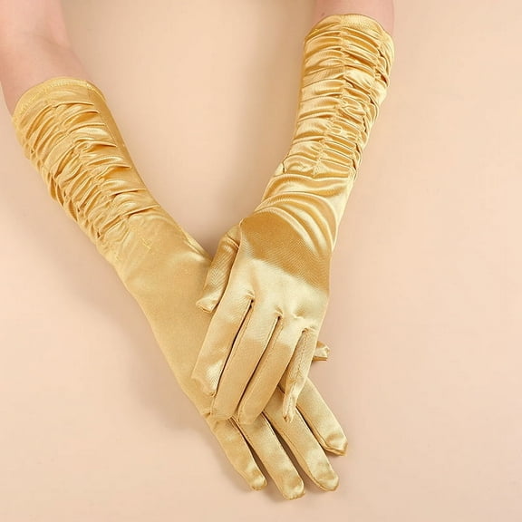 Zhuge Women Satin Long Evening Gloves Retro Arm Sleeves for Ladies Bridal Wedding Opera Party-Gold