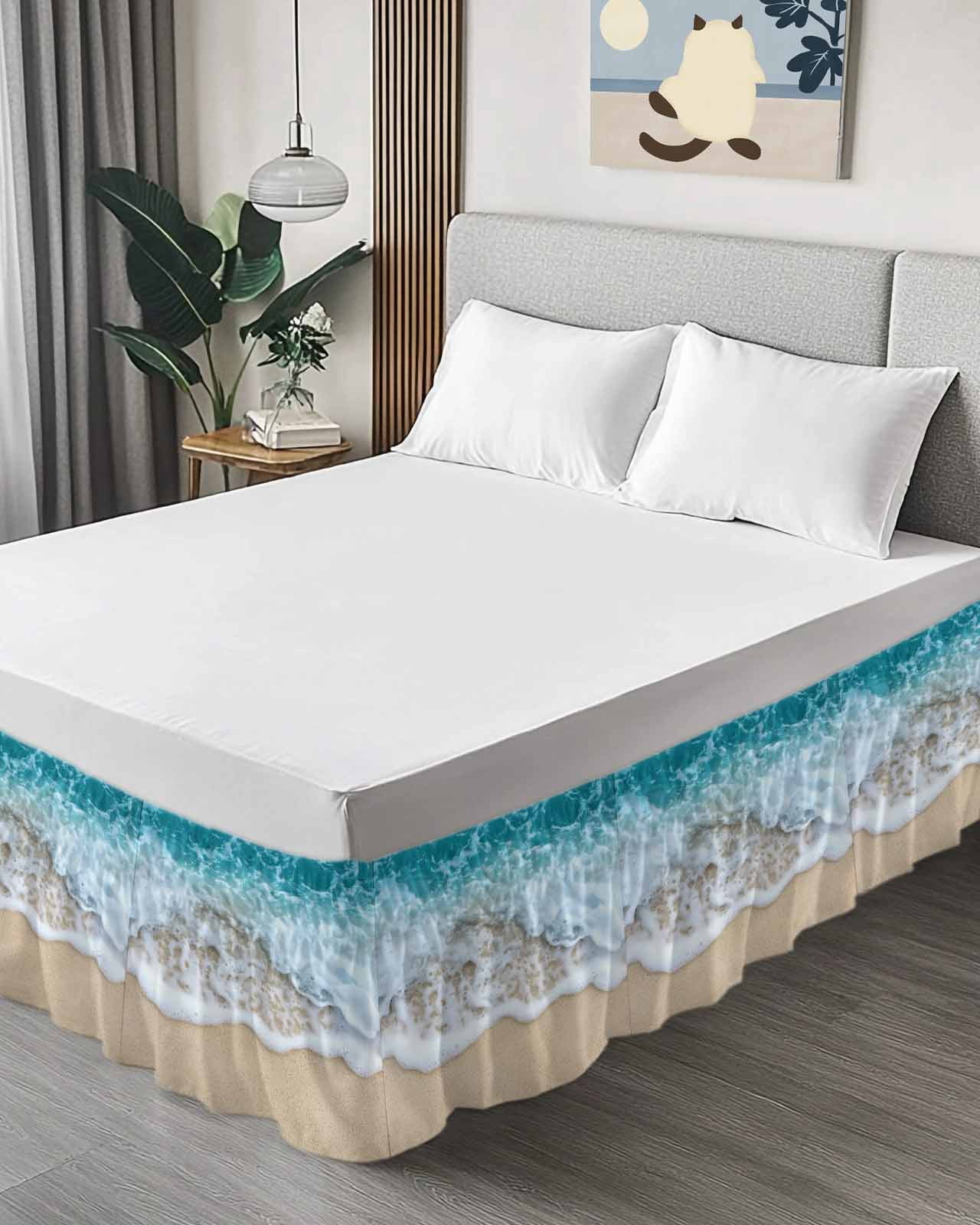 Ocean Beach Bed Skirt Queen Size 16" Drop Summer Sand Waves Nature Ruffled Wrap Around Bed Skirts Adjustable Elastic Bedskirt Dust Ruffle for Queen Size Bed