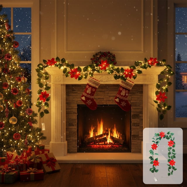 Guirnalda navideña iluminada, opción de enredadera de vegetación artificial con bayas, cuerda decorativa de luces navideñas, 200 cm de largo para chimenea, mesa, decoración del árbol