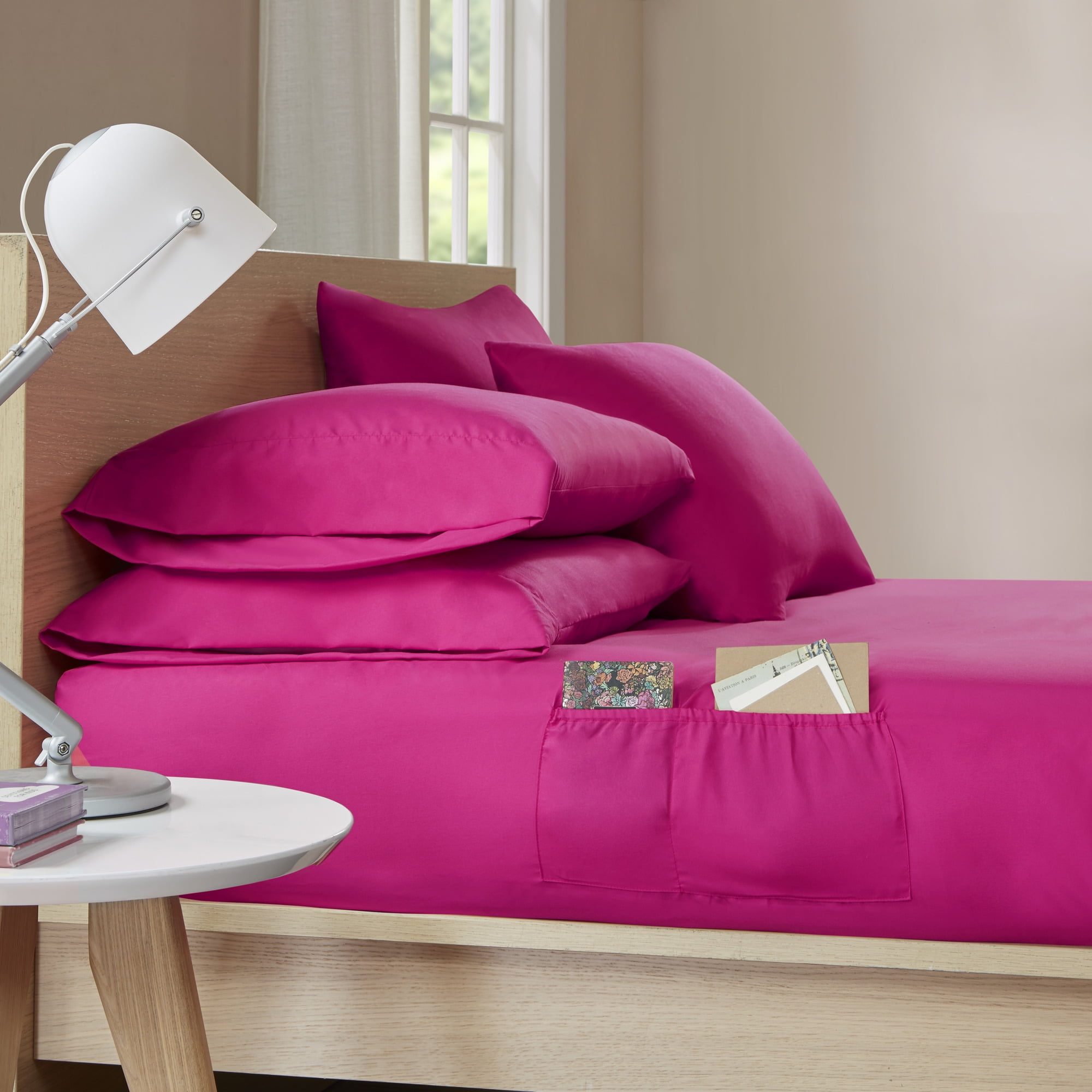 Comfort Classics Microfiber 6 Piece Pink Sheet Set with Side Storage Pockets, Queen