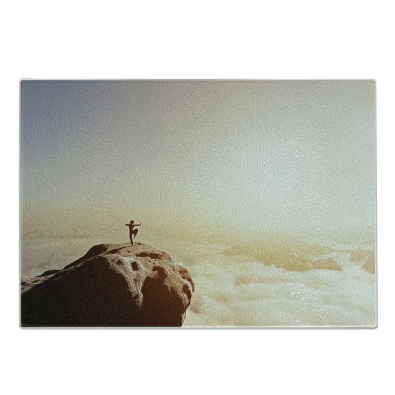 Kung Fu Cutting Board, Man Practices Martial Arts in High Mountain Peak Clouds and Sunrise, Decorative Tempered Glass Cutting and Serving Board, in 3 Sizes, by Ambesonne